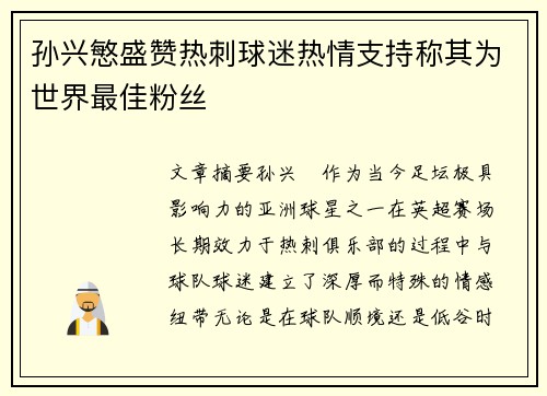 孙兴慜盛赞热刺球迷热情支持称其为世界最佳粉丝